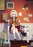  1girl albino artist_request blonde_hair book coat dog lamp looking_down lying reading red_eyes schnauzer sitting skirt smile socks solo tail 