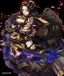  1girl black_hair blood breasts cleavage dress drill_hair fang garter_straps gloves inzup lace lace-trimmed_thighhighs large_breasts long_hair looking_at_viewer original parted_lips red_eyes revealing_clothes smile solo thigh-highs tiara vampire very_long_hair 