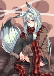  1girl animal_ears black_legwear blush boots coat fox_ears fox_tail glasses green_eyes hair_between_eyes hair_ornament hairclip highres karakura kitsune long_hair looking_at_viewer original scarf silver_hair simple_background sitting skirt solo tail thigh-highs v_arms 