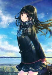  1girl absurdres black_hair black_skirt brown_eyes hair_ornament highres kazuharu_kina long_hair looking_at_viewer original outdoors pleated_skirt scarf school_uniform skirt sky solo 