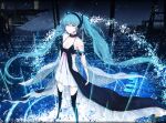  1girl alternate_costume aqua_eyes aqua_hair black_legwear breasts building choker cleavage dated floating_hair hatsune_miku headset highres light light_particles long_hair looking_at_viewer marumoru moon night open_mouth pale_skin signature sky small_breasts solo tattoo thigh-highs twintails vocaloid 