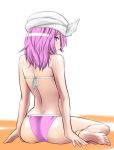  1girl ass back bare_shoulders blue_eyes blush butt_crack commentary_request hat kurirou lavender_hair letty_whiterock looking_at_viewer mob_cap panties pink_panties short_hair sitting solo touhou underwear wariza 