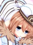  1girl bare_shoulders blanc blue_eyes brown_hair candy fur_trim haru_blanc0316 hat highres looking_at_viewer mouth_hold neptune_(series) short_hair solo 