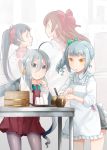  4girls ahoge apron black_hair blue_hair bow brown_hair chin_rest comah commentary_request food grey_eyes grey_hair hair_bow irako_(kantai_collection) kantai_collection kappougi kasumi_(kantai_collection) kiyoshimo_(kantai_collection) long_hair low_twintails mamiya_(kantai_collection) multicolored_hair multiple_girls ohitsu onigiri open_mouth pantyhose ponytail school_uniform side_ponytail smile table twintails yellow_eyes 