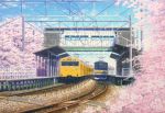  akashi_kaikyou blue_sky cherry_blossoms no_humans original outdoors railroad_tracks scenery sky train train_station tree 