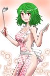  1girl :d alternate_costume apron bowl breasts cleavage collarbone commentary_request cowboy_shot floral_background flower green_hair kazami_yuuka kurirou ladle looking_at_viewer naked_apron open_mouth plaid plaid_apron red_eyes short_hair sideboob smile solo sunflower touhou upper_body 