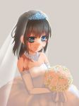  1girl bare_shoulders black_hair blue_eyes bouquet breakroom_chaos bridal_veil bride burn_scar diadem dorei_to_no_seikatsu_~teaching_feeling~ dress earrings elbow_gloves eyelashes flower gloves grey_background happy holding_bouquet jewelry long_hair necklace scar simple_background smile solo sylvie_(dorei_to_no_seikatsu) veil wedding_dress white_dress white_gloves 