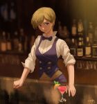  1girl alcohol bar bartender blonde_hair blue_eyes bow bowtie cocktail earrings formal jewelry king_(snk) reverse_trap ryuuko_no_ken shirt short_hair smile snk solo suit the_king_of_fighters the_king_of_fighters_xiv tim_yan 