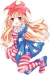  1girl american_flag_legwear american_flag_shirt bangs blonde_hair blush clownpiece collar dress_shirt eyebrows frilled_collar frills hat highres jester_cap long_hair looking_at_viewer open_mouth outstretched_arms pantyhose pink_eyes polka_dot poyo_(peke_xox) shirt short_sleeves simple_background sketch smile solo star striped touhou very_long_hair white_background 