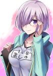  1girl absurdres bangs blush breasts check_translation clipboard fate/grand_order fate_(series) glasses hair_over_one_eye hand_on_own_face highres holding hood hooded_jacket jacket large_breasts looking_at_viewer purple_hair shielder_(fate/grand_order) shimo_(s_kaminaka) shirt short_hair smile solo t-shirt translation_request violet_eyes 
