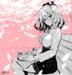  1girl bench blush breasts hat kantai_collection kashima_(kantai_collection) kojima_saya large_breasts long_sleeves looking_at_viewer monochrome obentou shirt sitting skirt solo spot_color twintails 