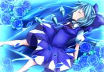  1girl blue_dress blue_hair blue_rose bow chako_(chakoxxx) cirno closed_eyes dress flower hair_bow ice ice_wings petals puffy_short_sleeves puffy_sleeves rose short_hair short_sleeves sleeping solo touhou wings 