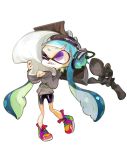  1girl amiami bike_shorts blue_hair commentary_request domino_mask eyebrows headphones highres inkling long_hair mask object_hug one_eye_closed paintbrush shoes smile sneakers solo splatoon sweater tentacle_hair thick_eyebrows violet_eyes 