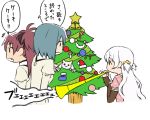  3girls antenna_hair blue_hair christmas_tree horn_(instrument) instrument kyubey long_hair mahou_shoujo_madoka_magica miki_sayaka momoe_nagisa multiple_girls oda_takayuki playing_instrument ponytail redhead sakura_kyouko short_hair simple_background star translated trumpet upper_body very_long_hair vuvuzela white_background white_hair 