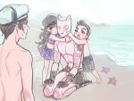  1girl 2boys beach hat jojo_no_kimyou_na_bouken jojolion killer_queen kira_yoshikage_(jojolion) kuujou_josefumi multiple_boys nijimura_kyou sailor_hat stand_(jojo) swim_trunks younger 