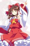  1girl armpits ascot bow brown_hair closed_eyes detached_sleeves e.o. hair_bow hair_tubes hakurei_reimu highres long_sleeves red_bow ribbon-trimmed_sleeves ribbon_trim sarashi shirt skirt skirt_set smile solo touhou wide_sleeves zoom_layer 