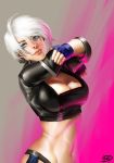  1girl abs angel_(kof) blue_eyes blue_gloves breasts chaps cropped_jacket daniel_fernando_sanchez eyebrows eyelashes eyeliner fingerless_gloves gloves highres large_breasts lips makeup midriff nose short_hair silver_hair sleeves_pushed_up smile solo the_king_of_fighters thick_eyebrows upper_body 
