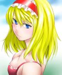  1girl alice_margatroid blonde_hair blue_eyes bra breasts cleavage commentary_request hairband kurirou lolita_hairband looking_at_viewer red_bra short_hair solo touhou underwear upper_body 