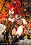  1girl armor bikini_armor breasts chain clenched_hand fire gauntlets hair_between_eyes inzup long_hair looking_at_viewer open_mouth orange_eyes ponytail redhead smoke solo spikes zettai_bouei_leviathan 