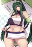 1girl ass ass_visible_through_thighs bangs bare_shoulders blush breasts detached_sleeves green_hair hairband hand_on_hip highres large_breasts long_hair looking_at_viewer miniskirt navel panties skirt smile solo stomach thigh_gap thighs touhoku_zunko umbrella underwear very_long_hair vocaloid voiceroid white_panties wide_sleeves yellow_eyes yuzumiya_mono 