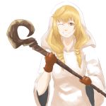  1girl artist_request blonde_hair drawfag final_fantasy final_fantasy_tactics gloves hood long_hair robe smile solo source_request staff weapon white_background white_mage white_mage_(fft) 