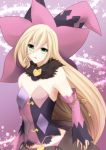  1girl armpits blonde_hair book cowboy_shot detached_sleeves feather_boa green_eyes hat highres long_hair looking_at_viewer magilou_(tales) parted_lips purple_background sakuno_ririsu solo tales_of_(series) tales_of_berseria witch_hat 