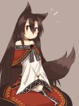  1girl alternate_costume animal_ears bare_shoulders blush brown_hair choker dress imaizumi_kagerou kaginoni long_hair long_sleeves looking_at_viewer red_eyes simple_background solo tail touhou traditional_clothes wide_sleeves wolf_ears wolf_tail 