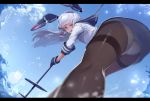  1girl angry ass bent_over blue_sky brown_eyes fingerless_gloves from_below gloves highres kantai_collection kneepits long_hair looking_at_viewer looking_back murakumo_(kantai_collection) outdoors panties panties_under_pantyhose pantyhose polearm revision silver_hair sky sola7764 solo splashing thighband_pantyhose underwear upskirt water weapon white_panties 