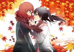  2girls autumn autumn_leaves bangs black_hair cardigan closed_mouth coat covered_mouth eye_contact eyebrows eyebrows_visible_through_hair eyelashes floating_hair fringe from_side fur_trim highres holding_leaf leaf long_sleeves looking_at_another love_live!_school_idol_project maple_leaf multiple_girls nishikino_maki profile red_eyes red_scarf redhead scarf signature smile suan_ringo twintails upper_body violet_eyes wind yazawa_nico yuri 