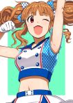  1girl arm_up armpits blush brown_eyes brown_hair commentary_request crop_top crop_top_overhang gloves hair_ribbon idolmaster idolmaster_cinderella_girls long_hair midriff moroboshi_kirari navel open_mouth pettan_p ribbon skirt smile solo sweat twintails white_gloves 