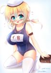  1girl aqua_eyes blonde_hair book breasts glasses highres i-8_(kantai_collection) kane-neko kantai_collection large_breasts low_twintails name_tag one-piece_swimsuit red-framed_glasses school_swimsuit semi-rimless_glasses solo swimsuit thigh-highs twintails under-rim_glasses 