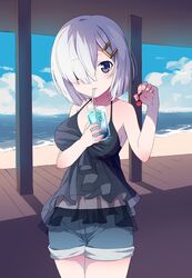  1girl alternate_costume asaoka_(0x0) blue_eyes drink glass hair_ornament hair_over_one_eye hairclip hamakaze_(kantai_collection) kantai_collection short_hair short_shorts shorts silver_hair solo 