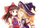  2girls ascot bare_shoulders blonde_hair blush bow brown_eyes brown_hair buttons closed_eyes detached_sleeves eyebrows eyebrows_visible_through_hair frilled_hat frills hair_bow hair_tubes hakurei_reimu hat hat_ribbon kirisame_marisa long_hair looking_at_another minust multiple_girls puffy_short_sleeves puffy_sleeves red_bow ribbon ribbon-trimmed_sleeves ribbon_trim sarashi short_sleeves simple_background smile teeth touhou upper_body vest white_ribbon witch_hat 