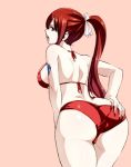  1girl ass bare_shoulders bikini brown_eyes erza_scarlet fairy_tail from_behind hand_on_ass long_hair looking_back mashima_hiro open_mouth pink_background ponytail red_bikini redhead shiny shiny_hair sidelocks simple_background solo swimsuit tattoo 