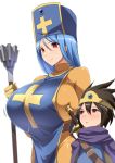  1boy 1girl blue_hair breast_poke breasts dragon_quest dragon_quest_iii highres huge_breasts kloah parted_lips poking priest_(dq3) red_eyes roto simple_background smile staff white_background 