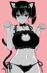  1girl animal_ears bell bell_choker blush breasts cat_cutout cat_ear_panties cat_ears cat_lingerie cat_tail choker cleavage cleavage_cutout kaga_(kantai_collection) kantai_collection kojima_saya large_breasts looking_at_viewer monochrome panties paw_pose pink_background short_hair side-tie_panties side_ponytail solo tail underwear underwear_only 