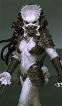  1girl alien armor bikini_armor breasts claws fangs genderswap hairlocs kilart long_hair mtf open_mouth pauldrons predator predator_(movie) purple_skin shoulder_cannon skull_necklace solo 