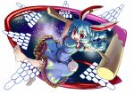  1girl absurdres ambiguous_red_liquid animal_ears barefoot blue_dress blue_hair braid bunny_tail crescent danmaku dress ear_clip frilled_dress frills full_body highres holding holding_weapon kine looking_at_viewer mallet open_mouth rabbit_ears red_eyes seiran_(touhou) short_sleeves smile socha solo space star star_(sky) tail touhou twin_braids 