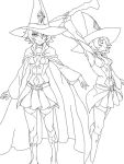  1girl arm_up belt boots breasts cape cape_removed character_sheet choker cleavage closed_eyes cosmic_bear detached_sleeves hat holding_up lineart little_witch_academia looking_at_viewer monochrome navel navel_cutout pleated_skirt shiny_chariot short_hair skirt smile staff thigh-highs wide_sleeves witch_hat 