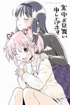  2girls akemi_homura ayanero_taicho black_hair chin_rest closed_eyes couple hands_on_another&#039;s_shoulders happy head_on_head kaname_madoka mahou_shoujo_madoka_magica mahou_shoujo_madoka_magica_movie multiple_girls one_eye_closed pink_hair smile translation_request yuri 