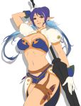  1girl akino_(gokosei) blue_hair covered_nipples elf garter_belt garter_straps gloves highres judith looking_down parted_lips pointy_ears polearm puffy_sleeves smile solo tales_of_(series) tales_of_vesperia violet_eyes weapon 