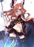  1girl arrow black_gloves bow_(weapon) brown_eyes brown_hair cape fingerless_gloves gloves granblue_fantasy headgear highres long_hair looking_at_viewer midriff miwano_ragu navel shorts smile solo song_(granblue_fantasy) thigh-highs weapon 