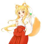  1girl animal_ears blonde_hair blush bow brown_eyes clover four-leaf_clover fox_ears fox_tail hair_ribbon hakama holding japanese_clothes jinbara_tatsuichi long_hair looking_at_viewer miko open_mouth original ponytail ribbon solo tail white_background wide_sleeves 