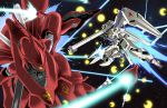  battle bazooka beam_rifle char&#039;s_counterattack char&#039;s_counterattack_-_beltorchika&#039;s_children energy_gun explosion fin_funnels funnels gundam hi-nu_gundam highres mecha nightingale no_humans platin_(alios) shield space weapon 