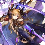  1girl arrow bow_(weapon) breasts brown_eyes brown_hair cape granblue_fantasy head_wings long_hair looking_at_viewer navel pupps smile solo song_(granblue_fantasy) thigh-highs weapon 