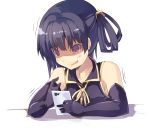  1girl bare_shoulders black_hair cellphone clammy_zell highres long_hair no_game_no_life nomalandnomal phone red_eyes smartphone solo wavy_mouth 