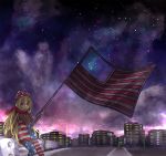  1girl adapted_costume american_flag american_flag_legwear beanie blonde_hair city clownpiece commentary_request contemporary error eyebrows hair_between_eyes hat long_hair long_sleeves miki_kakeru night night_sky outdoors pantyhose polka_dot red_eyes red_scarf scarf sitting sky solo star_(sky) starry_sky touhou very_long_hair 