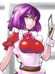 1girl adapted_costume alternate_costume apron bow bowtie breasts commentary_request kurirou lipstick looking_at_viewer maid_apron makeup puffy_short_sleeves puffy_sleeves purple_hair red_eyes rope short_hair short_sleeves smile solo touhou upper_body wrist_cuffs yasaka_kanako 
