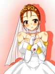  1girl alternate_hairstyle blush breasts bridal_veil choker cleavage commentary_request dragon_quest dragon_quest_viii dress elbow_gloves gloves hair_up head_tilt jessica_albert jewelry k_(niyari) large_breasts looking_at_viewer red_eyes redhead ring smile solo tiara veil wedding_dress wedding_ring 