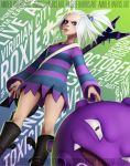  1girl amber_harris blue_eyes boots dress freckles gym_leader hair_bobbles hair_ornament homika_(pokemon) instrument koffing lips nose pokemon pokemon_(creature) pokemon_(game) pokemon_bw2 short_dress striped striped_dress topknot white_hair 